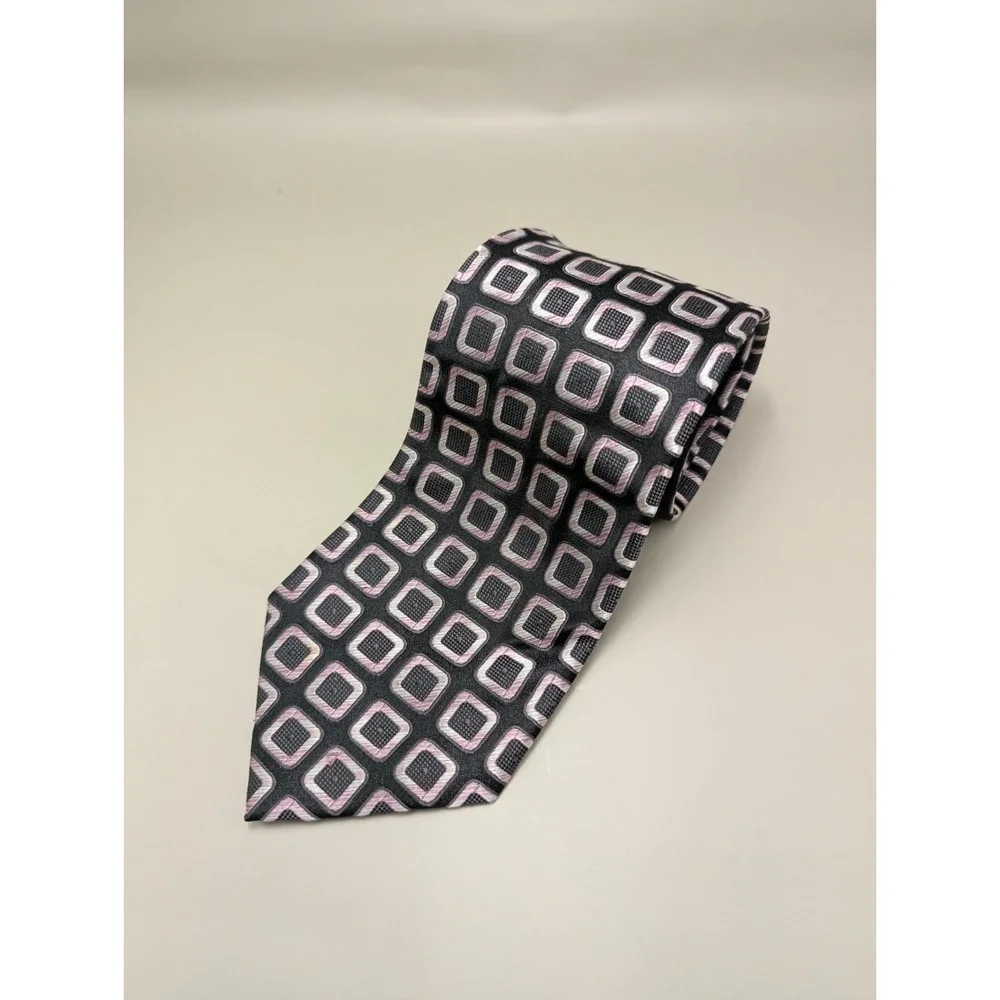 Saxony Collection Men's 100% Silk Tie Black Pink Geometric Square Necktie